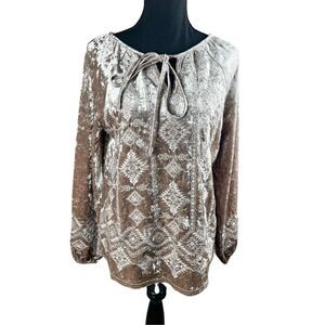 SAVANNA JANE tan crushed velvet Western Boho Embroidered Long Sleeve Blouse S